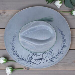 Vegan Suede Wide-Brim Hat – Laser Engraved Bluebell Floral Design